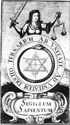 The ‘Sigillum Sapientum’ (Seal of the Wise) of the alchemist. The inner union (hexagram and ouroboros) takes place as a result of the inner working of the divine Sophia (woman with sword and scales). Source: JM Faust, Philalethes Illustratus, 1706